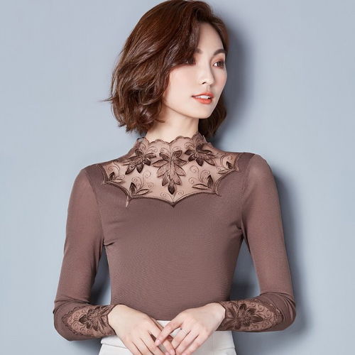悦娜加厚加绒蕾丝打底衫秋冬季新款保暖高领蕾丝衫翻领上衣女装潮